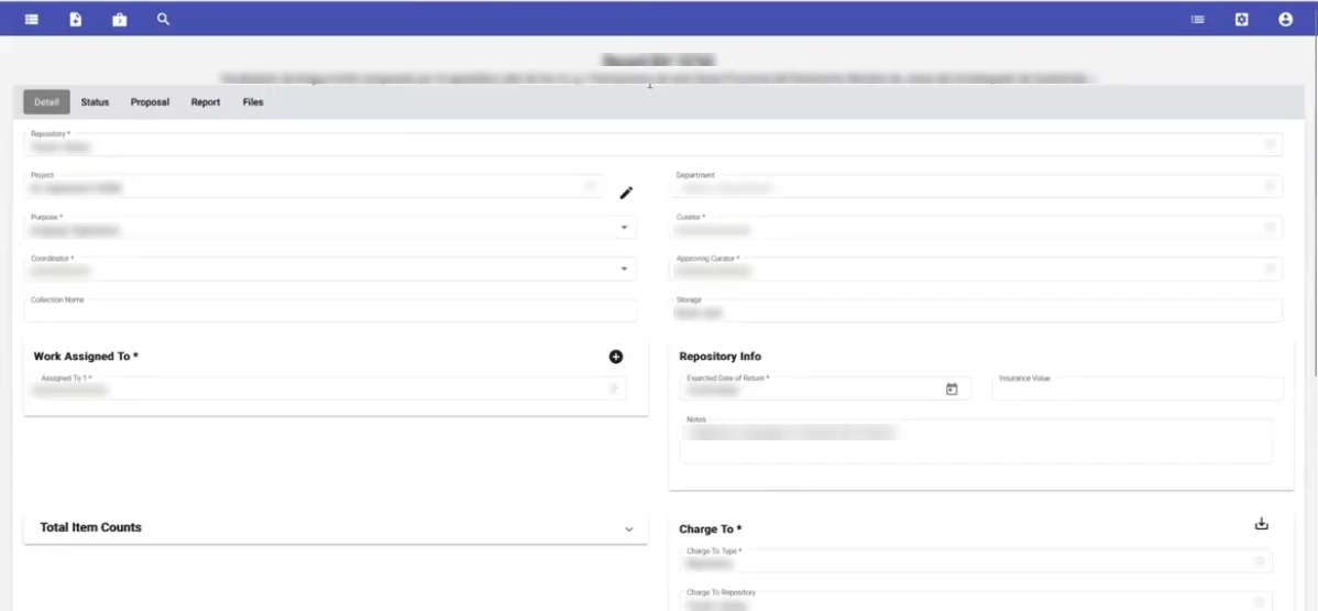 ACORN record detail screen with tabs for Detail, Status, Proposal, Report and Files, showing fields for repository, project, purpose, assigned staff and repository info; the values are blurred