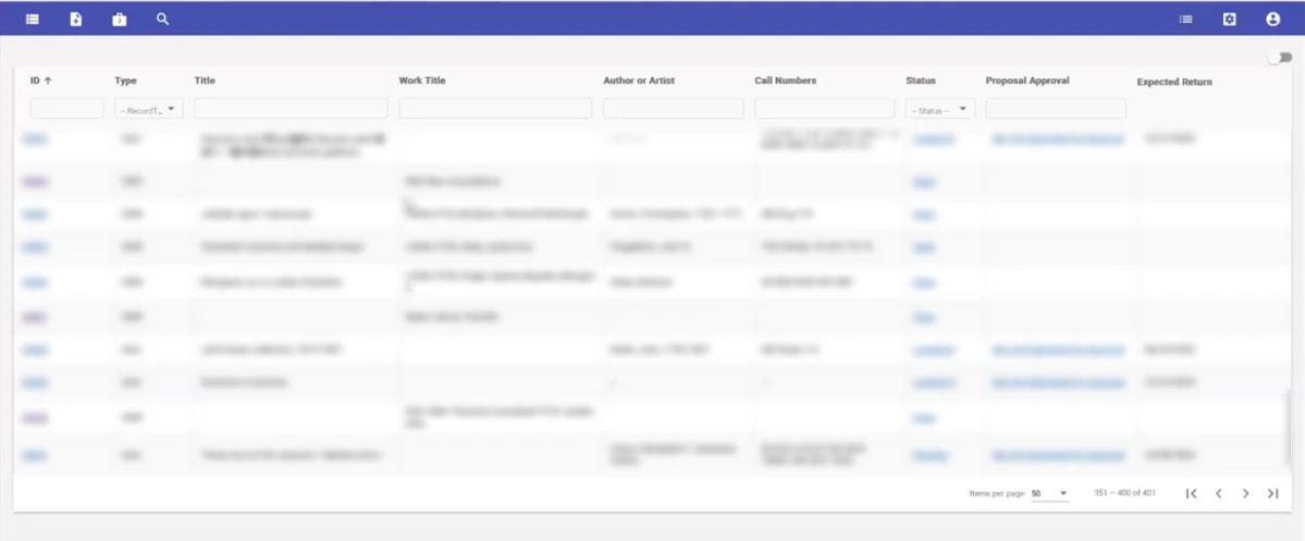 ACORN Records List: a table of conservation records, with the record data blurred