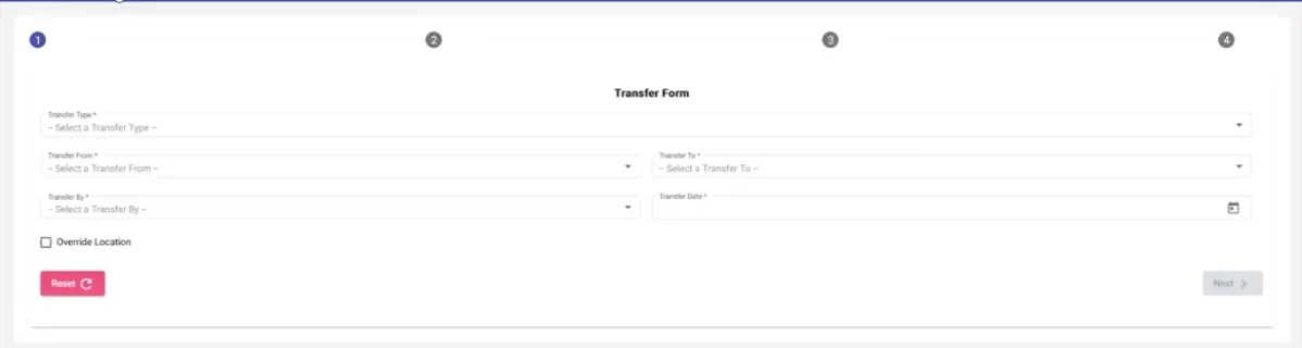 ACORN Transfer Form, step 1 of a 4-step wizard, with fields for transfer type, from, to, by and date
