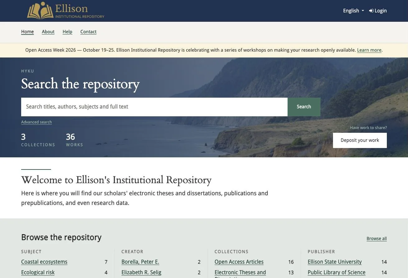 Ellison home page: navy header with the gold logo, an announcement bar, and a coastal hero image behind the search box