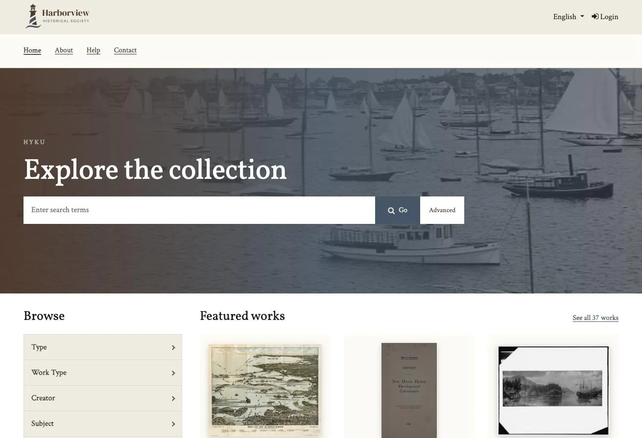 Harborview home page: linen header with the lighthouse logo and a sepia harbor photograph behind the search box