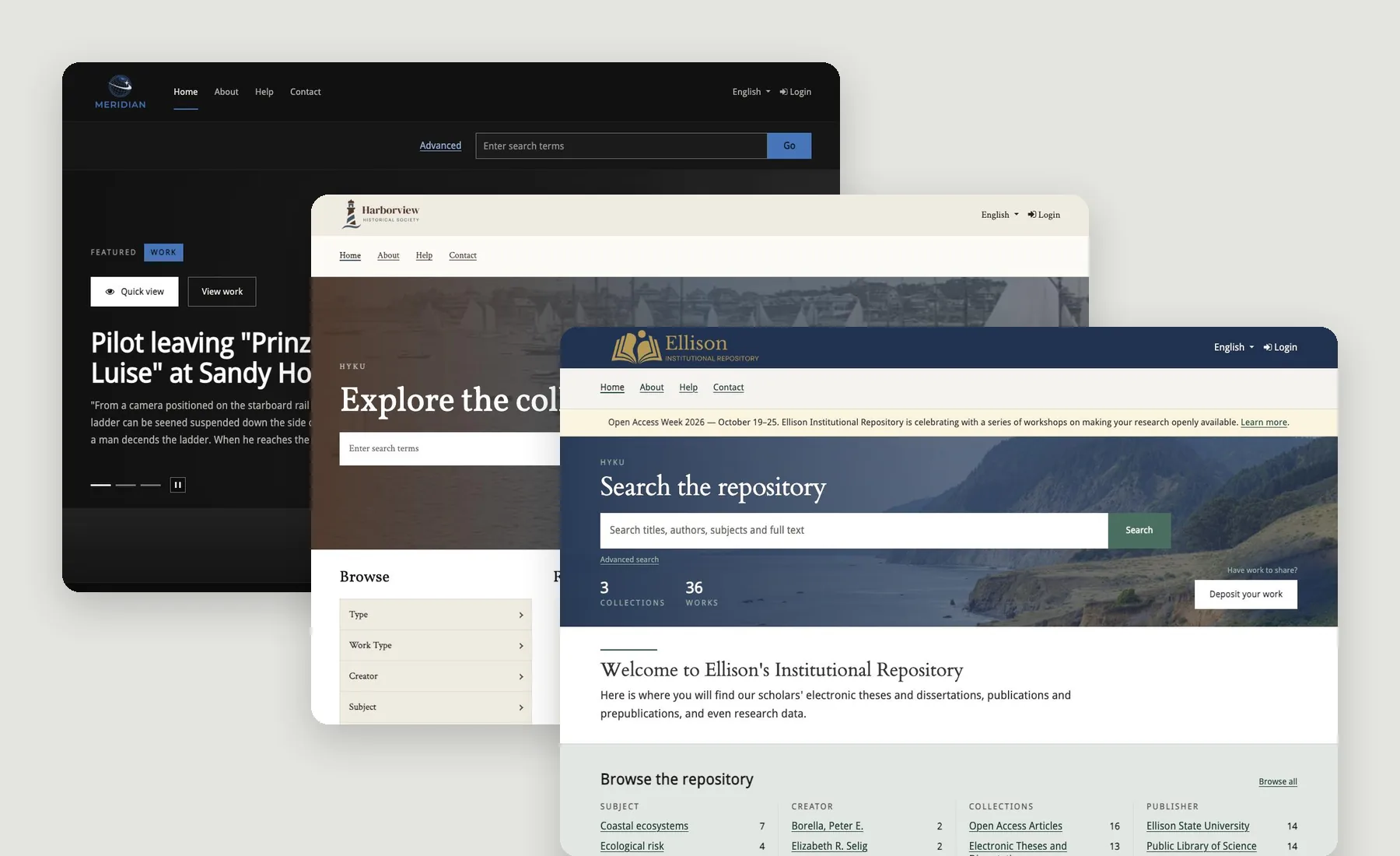 The three HykuUP demo repositories: Meridian's dark video archive, Harborview's warm heritage collection site, and Ellison's navy and gold institutional repository