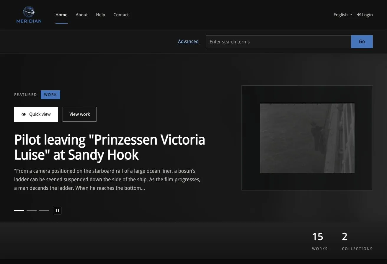 Meridian home page: dark header with the globe logo, a search bar, and a featured film still with Quick view and View work buttons