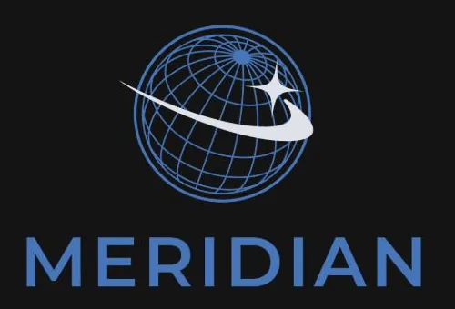 Meridian logo: a blue wireframe globe circled by a white comet, above the Meridian wordmark