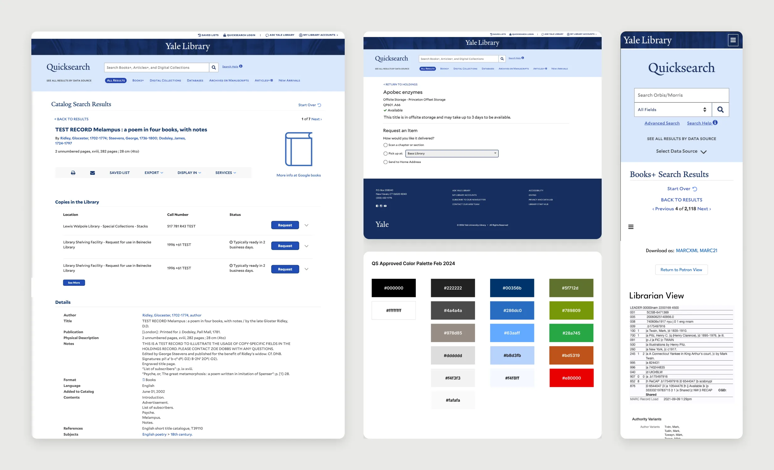 Figma mockups for the Quicksearch redesign: the holdings record page with copies and Request buttons, the request-an-item page, the approved color palette, and the mobile record view