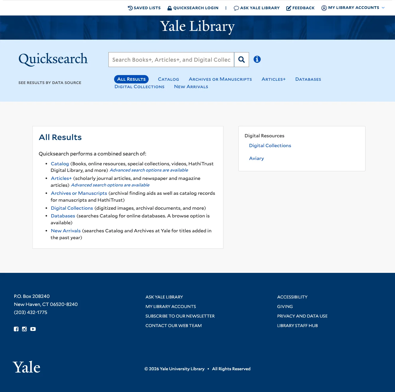 Quicksearch home page: the Yale Library header, the Quicksearch search bar with data source tabs, and the All Results overview