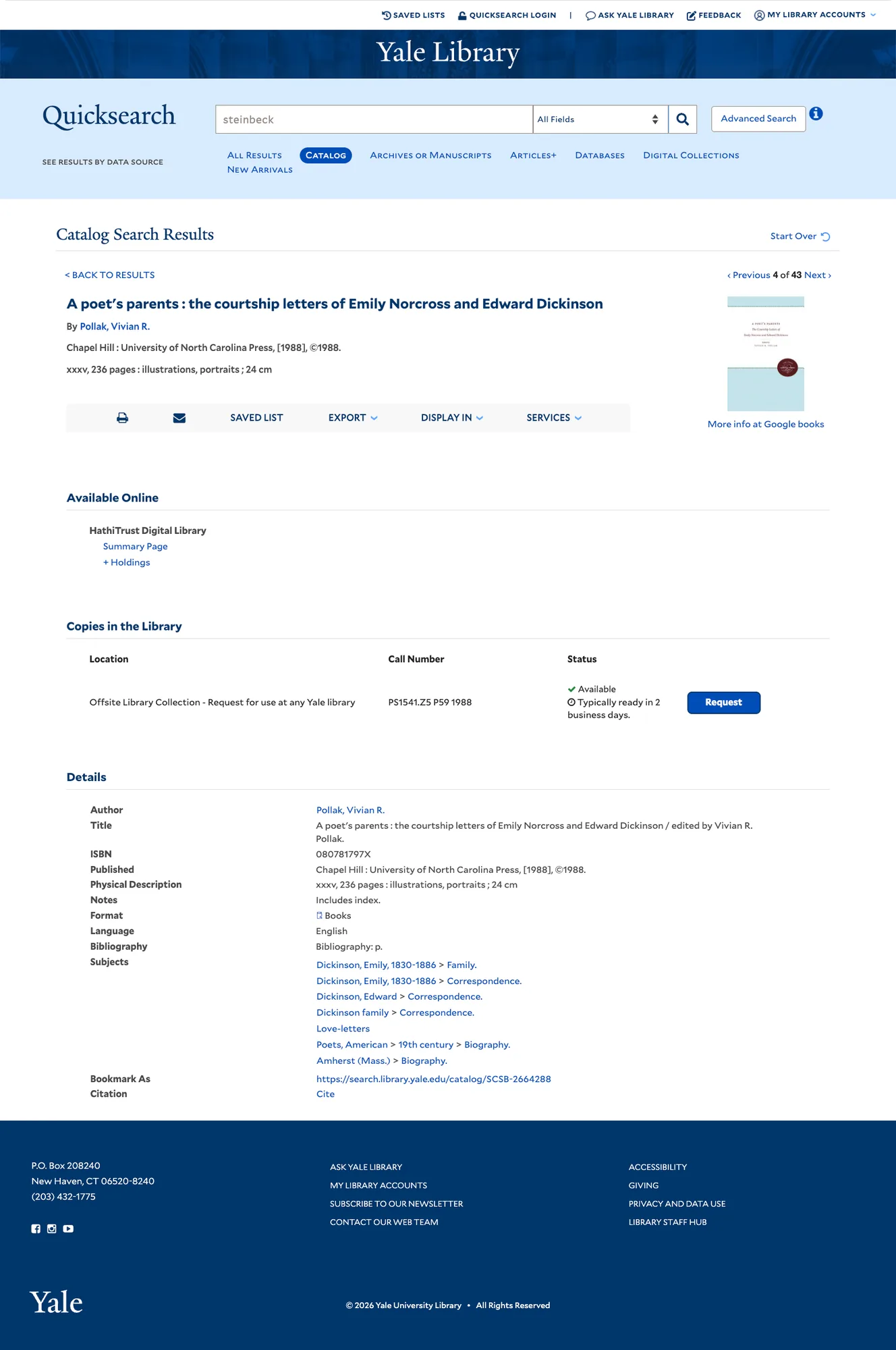 The final catalog record page in Quicksearch: title and details, an Available Online section, and a Copies in the Library table with location, call number, status and a Request button